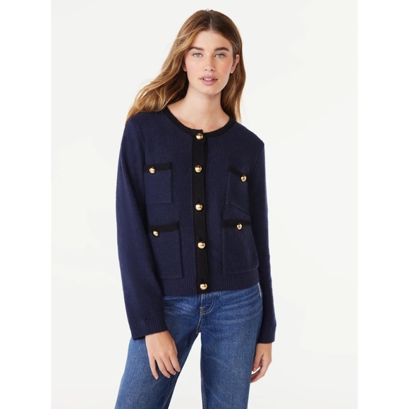 Navy Blue Women's Cardigan with Gold Buttons - Picture 1 of 6